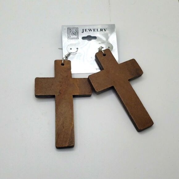 Brown wood cross earrings drop earrings boho - Picture 2 of 3